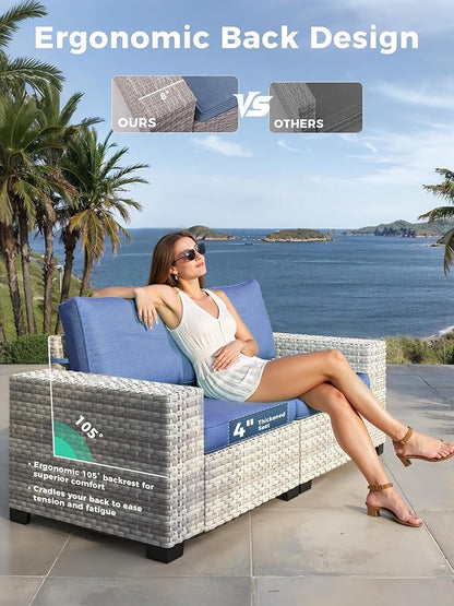 6 Piece Outdoor Sectional Sofa Set, 5-Seats Patio Wicker Conversation Set with 4" Thickened Cushions & Coffee Table, All-Weather PE Rattan for Garden, Backyard, Porch, Blue