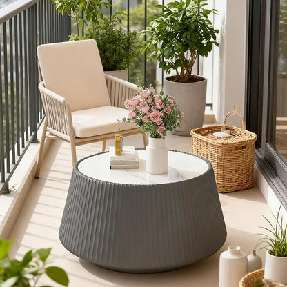 Round Coffee Table Set with Sintered Stone Tabletop, 26.77" Grey Drum Center Table and 19.68" White Coffee Table Set, 2 Pieces Living Room Table Set with Fluted PU Leather Cover& Stable Base