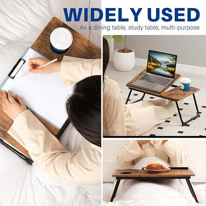 Laptop Desk for Bed Couch, Adjustable Foldable Bed Table with Cup Holder, Breakfast Serving Tray, Portable Laptop Lap Desk Stand for Working Reading Writing Eating Gaming in Bed Sofa Floor(RetroBrown)