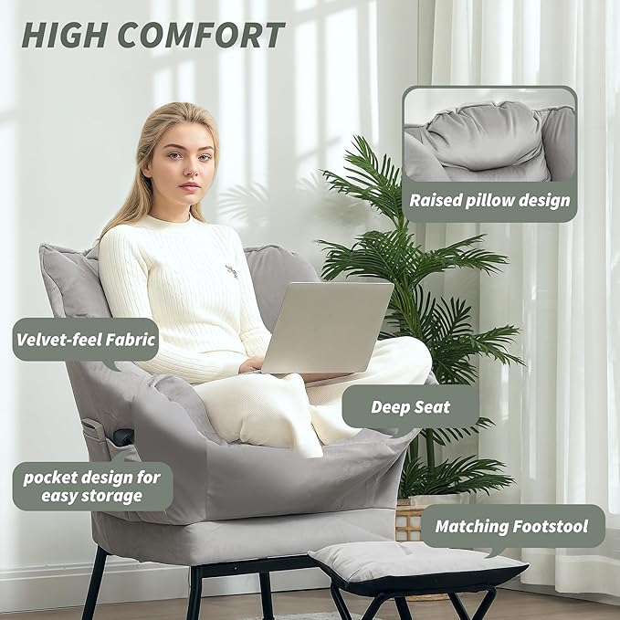 HOMCOM Modern Lazy Chair with Ottoman, Fabric Lounge Accent Chair, Leisure Sofa Armchair with Armrests, Side Pockets, Upholstered Reading Chair and Footstool Set for Living Room, Bedroom, Light Gray
