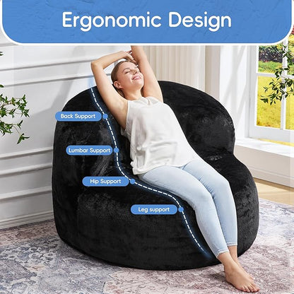 Hobestluk Bean Bag Chair Giant Bean Bag Chairs for Adults Big Bean Bag Chair with Memory Foam Filler Adults Large Beanbag with Faux Fur Cover for Bedroom (Plush Black,Large)