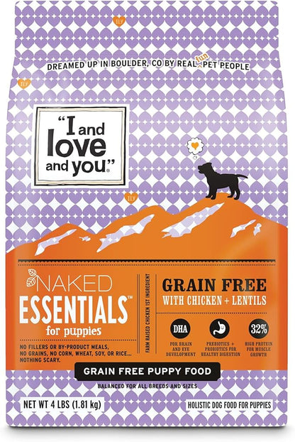 I and love and you Naked Essentials Dry Dog Food for Puppies - Chicken + Lentils - High Protein, Real Meat, No Fillers, Prebiotics + Probiotics, 4lb Bag
