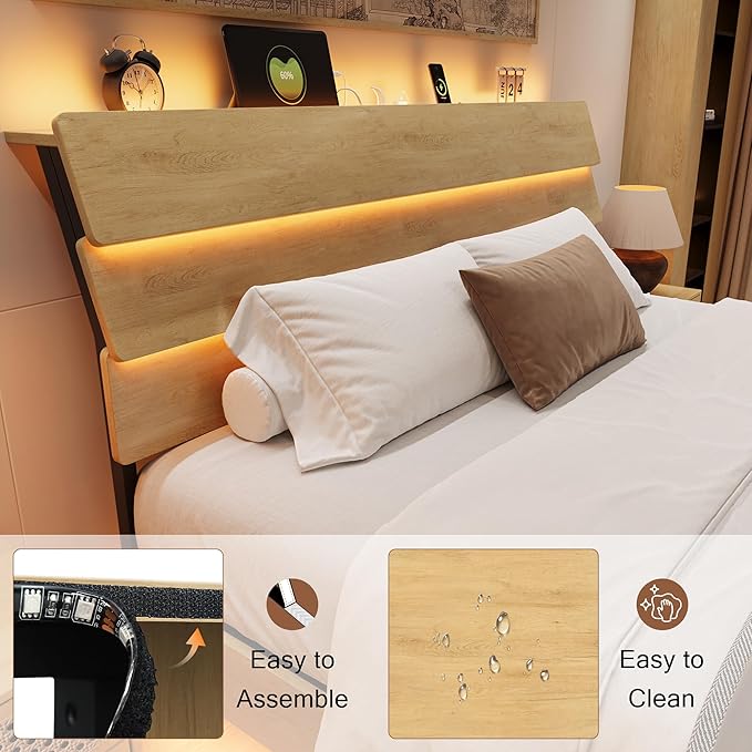 King Size Bed Frame with LED Headboard, Floating Bed Frame with Charging Station USB and V-Shaped Support, No Box Spring Needed, Noise Free, Easy Assembly, Oak