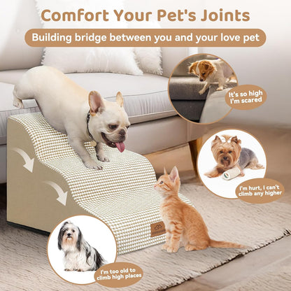 Dog Ramp and Stair for Bed 16" H-20 H,3-Step Cat Stair for Sofa and Chair,4-Step Dog Ramp for High Bed and Window,Durable Nonslip Fabric Cover for Indoor (Beige-16 H, Pet Friendly, 3)