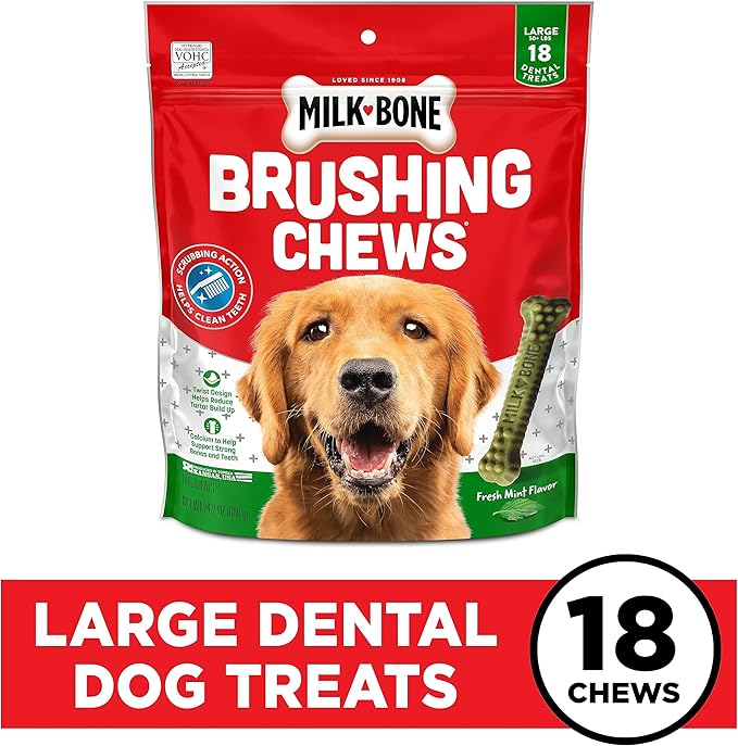 Milk-Bone Fresh Breath Brushing Chews, 18 Large Daily Dental Dog Treats Scrubbing Action Helps Clean Teeth