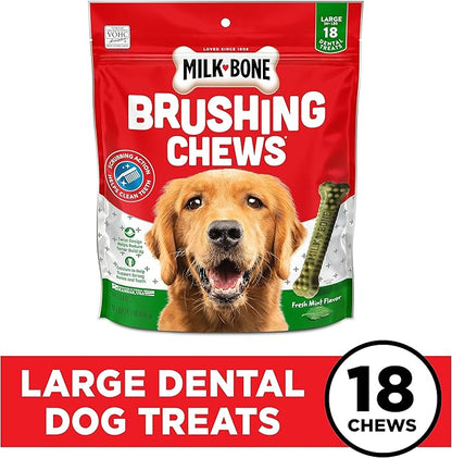 Milk-Bone Fresh Breath Brushing Chews, 18 Large Daily Dental Dog Treats Scrubbing Action Helps Clean Teeth