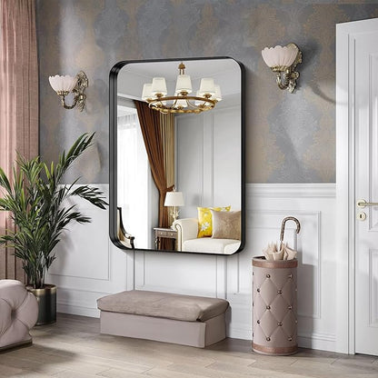 CIRCUMI Black Bathroom Mirror, Rounded Corner, Tempered Glass, Large Mirror