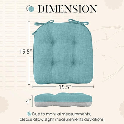 Basic Beyond Chair Cushions for Dining Chairs 4 Pack, Chair Cushion with Ties and Non Slip Backing, 15.5 x 15.5 inches Tufted Chair Pads for Dining Chairs(Aqua Blue)