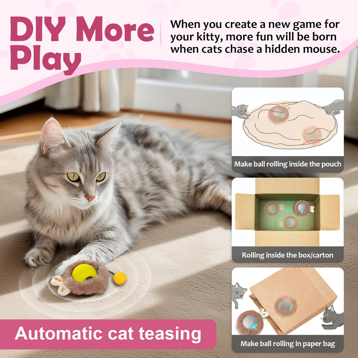 Interactive Toys Ball For Cats, Dog,Agile Moving Cat Ball ,Motion Activated Automatic Moving Ball With Lights,with Fluffy Tail And Bunny Ears For Indoor Pets