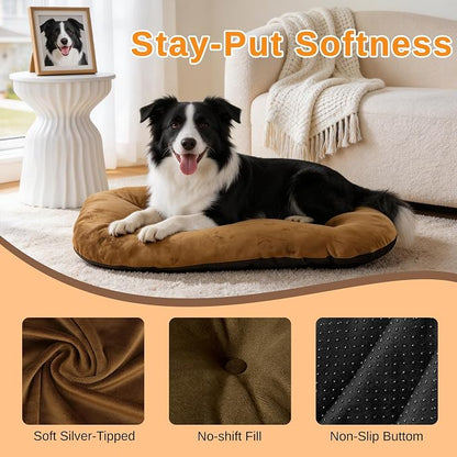Washable Oval Dog Bed for Small Dogs,Silver-Tipped High-Resilience,Brown | Non-Slip Bottom Prevents Sliding,Soft Plush Short Fur,Machine Washable Cushion,Ideal for Crates & Small Spaces,23"x17"x2.8"