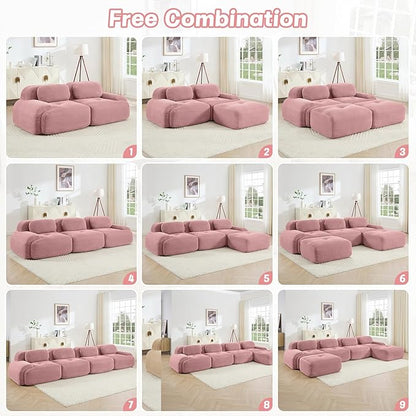 152" Modern Corduroy Cloud Sofa with Ottoman, L Shaped Boneless Modular Large Sectional Couches for Living Room, Pink 4 Seater Compressed Memory Foam Couch, Extra Deep Seat, No Assembly
