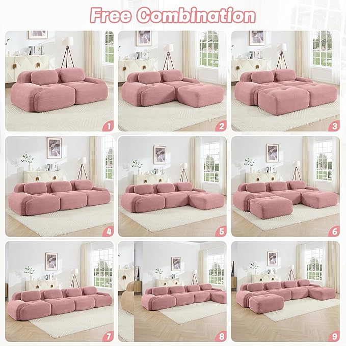 80" Modern Compressed Boneless Love Seat Couches, 2 Seater Large Sectional Couches for Living Room, Pink Corduroy Cloud Modular Sectional Sofa, Memory Foam, Extra Deep Loveseat, No Assembly
