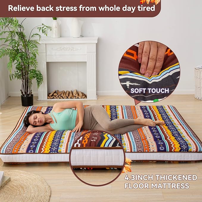 Dr.Futon Japanese Floor Futon Mattress Extra Thick Folding Roll Up Bed Topper Mat for Guest,Lounger and Tavel