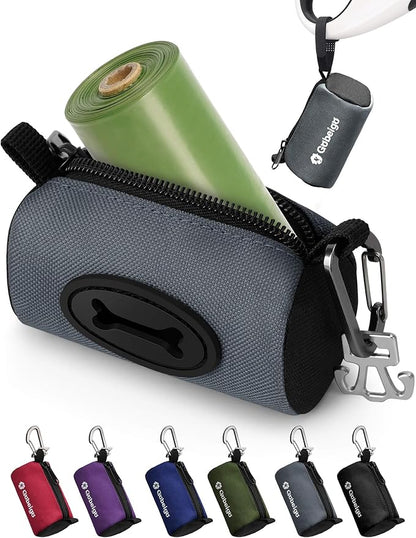 Gobeigo Dog Poop Bag Holder for Leash, Large Opening for Easy Pull Out, Doggy Poo Bag Dispenser with Used Waste Bag Carrier Suitable for Any Retractable Leash with 15 Unscented Bags (Gray)