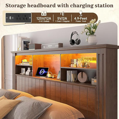 EnHomee Full Size Bed Frame with Headboard, Full Bed Frame with 4 Drawers Charging Port & LED, Farmhouse Bed Full Built in Charging Station,No Box Spring Needed,NO Noise,Vintage Brown