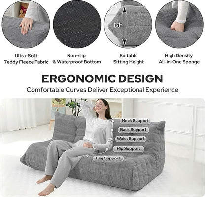 HABUTWAY Bean Bag Chairs Fireside Lazy Floor Sofa, Soft Teddy Fleece 3 Seater Sofa with High-Resilience Foam Filling，Beanbag for Living Room, Bedroom, Office (Light Gray Teddy)