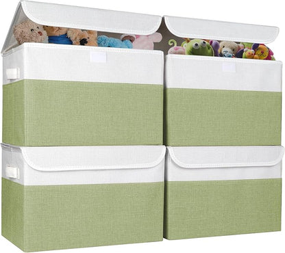 Large 22 Quart Linen Fabric Foldable Storage Bin Cube Organizer Basket with Flip-Top Lid & Handles, Clothes Blanket Box for Home, Office, Closet, Green & White, 4 Pack 14.6 x 9.5 x 9.5