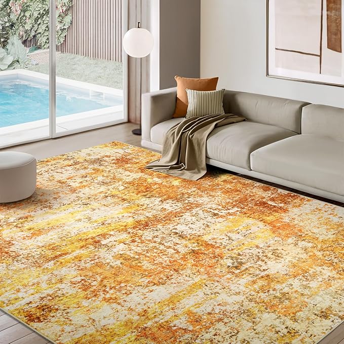 Washable Area Rugs for Living Room - 10x14 Abstract Modern Rug Neutral Soft Rug Stain Resistant Non-Shedding No Slip Low Pile Large Carpet for Bedroom Dining Room Nursery Home Office - Orange/Gold