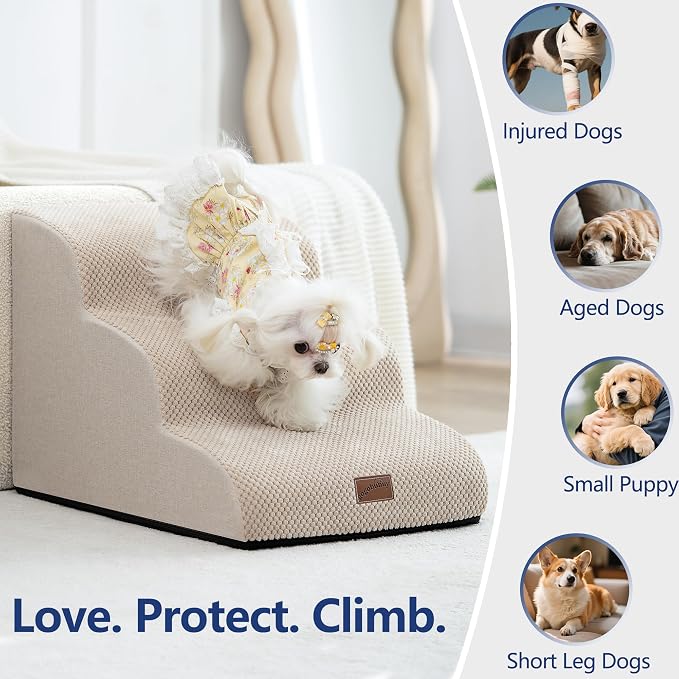 GoGoBunny Ramp Dog Stairs for Couch Sofa and Chair 11.8" H, 2-Step Pet Steps for Small Dogs and Cats, Non-Slip Waterproof Fabric Cover, Stable and Balanced Indoor Step, Pets Friendly, Beige