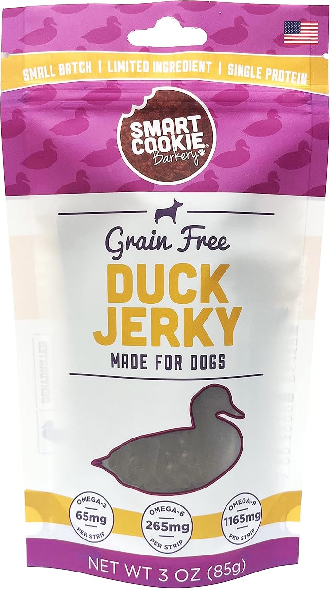 Smart Cookie Duck Jerky Dog Treats with Flax Seed, Omega Oils- Hypoallergenic Strips for Dogs and Puppies with Allergies, Sensitive Stomachs - Dehydrated, Grain Free, Made in USA - 3oz Bag, Pack of 1