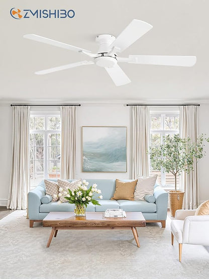 ZMISHIBO 52 Inch Ceiling Fan No Light, Flush Mount Low Profile, Modern White
