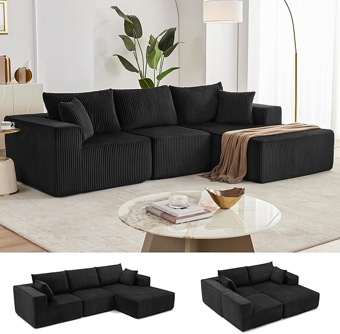 108” Modular Sectional Sofa, Cloud Sectional Couch with Deep Seat, Modern Modular L-Shape Sofa Couch with Chaise,Upholstered Boneless Couches for Living Room Bedroom (Black, Right Facing Chaise)