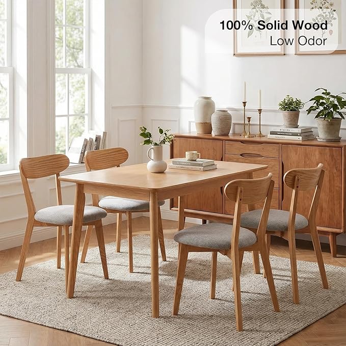Bamskov 100% Solid Wooden Dining Chairs - Practical Kitchen Chairs with Upholstered Cushion - Wood Chairs Set of 2 for Dining Room, Kitchen (2, Natural with Grey Cushion)
