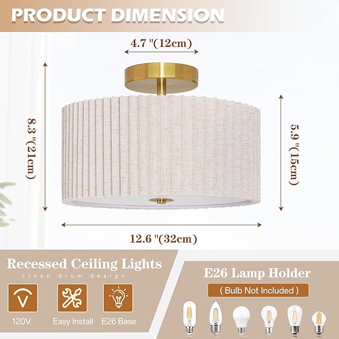 2 Light Semi Flush Mount Ceiling Light Fixture 12.6 Inch Modern Gold Drum Ceiling Light Fixture with Pleated Fabric Shade Dimmable Close to Ceiling Light for Living Room Hallway Bedroom Entryway