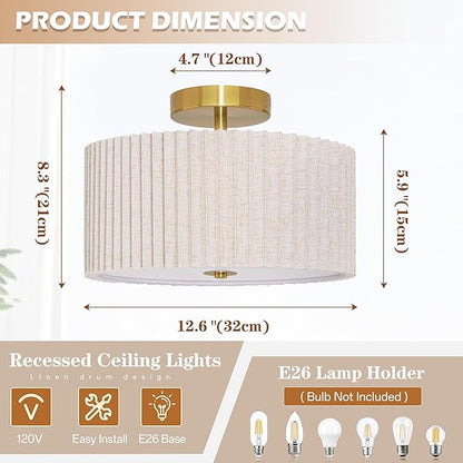 2 Light Semi Flush Mount Ceiling Light Fixture 12.6 Inch Modern Gold Drum Ceiling Light Fixture with Pleated Fabric Shade Dimmable Close to Ceiling Light for Living Room Hallway Bedroom Entryway