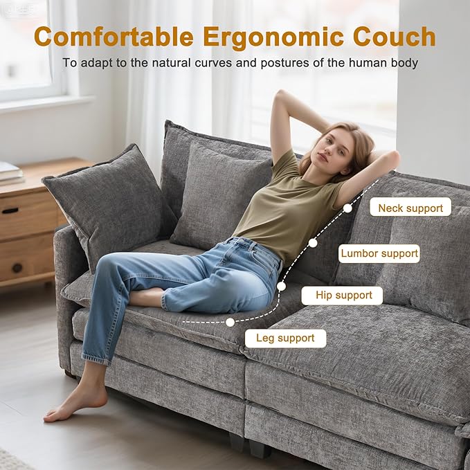 77" Cloud Sofa Loveseat & Couch｜Small 2-Seater Chenille Sectional Sofa with 29.1" Deep Seat｜FSC Certified Solid Wood & Metal Frame｜Easy Assembly & 1YR Guarantee｜ for Apartment Living Room｜Grey