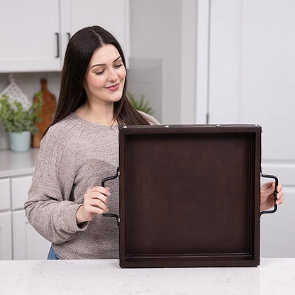 16"x16" Large Square Ottoman Tray, Heavy Duty Mango Wood, for Serving Tea, Breakfast in Bed, Living Room Large Coffee Table Tray Rustic with Farmhouse Style, Decorative Handles and Accent Strap