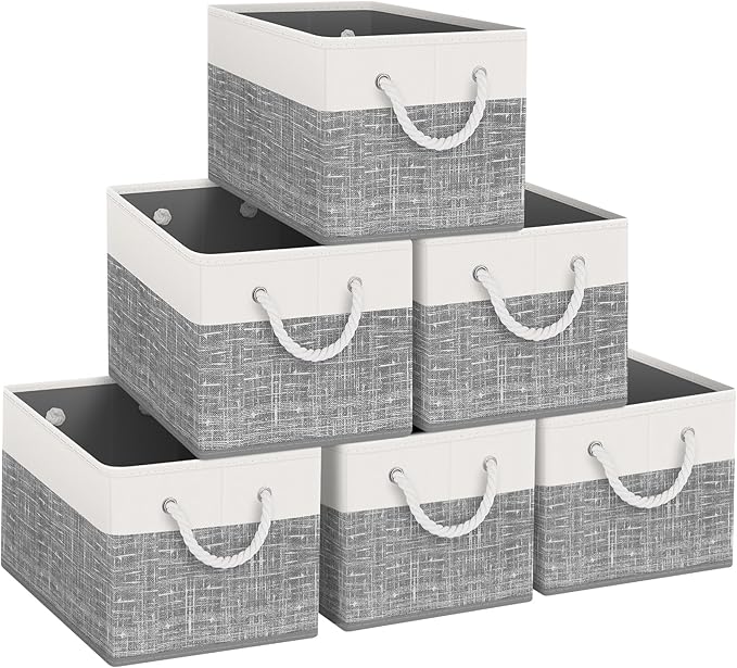 Fab Totes Foldable Storage Baskets - 6-Pack, Organize Toys, Books, Shelves, Closet - Large Storage Box with Rope Handles, Sturdy White & Grey Bins