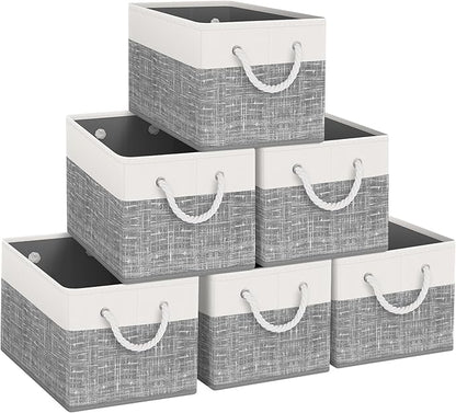 Fab Totes Foldable Storage Baskets - 6-Pack, Organize Toys, Books, Shelves, Closet - Large Storage Box with Rope Handles, Sturdy White & Grey Bins