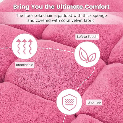 Folding Floor Chair w/Back Support, 14-Position Adjustable Lazy Sofa Chair w/Coral Velvet Fabric & Alloy Steel Frame, Portable Meditation Chair for Reading, Gaming,Sleeping (Pink)