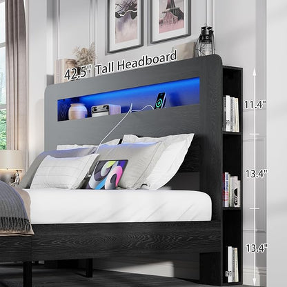 Full Size Wooden Bed Frame with Bookcace Storage Headboard, Rustic Farmhouse Bedframe with LED Lights and Charging Station, Sturdy and Stable, Slat Support, No Box Spring Required (Black, Full)