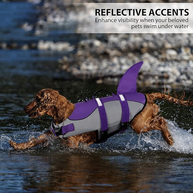 Dog Life Jacket,Dog Life Vest for Swimming,Dog Shark Life Jacket with Rescue Handle,Adjustable Reflective Dog Life Preserver for Small Dog,Purple XS
