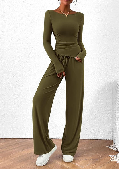 PRETTYGARDEN Women's 2 Piece Lounge Sets Asymmetrical Long Sleeve T Shirt Wide Leg Pants Casual Outfits Tracksuit