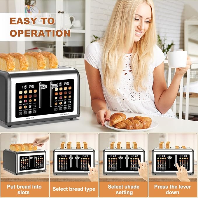 4 Slice Toaster Touch Screen, Stainless Steel Toasters Digital Timer, Dual