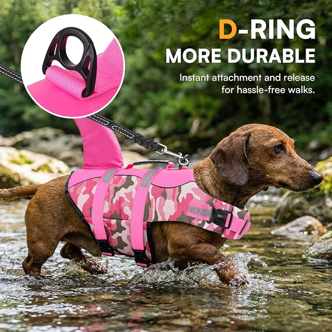 Dog Life Jacket Ripstop Dog Shark Safety Vest Adjustable Preserver with High Buoyancy and Durable Rescue Handle for Small,Medium,Large Dogs, Pink Camouflage Medium