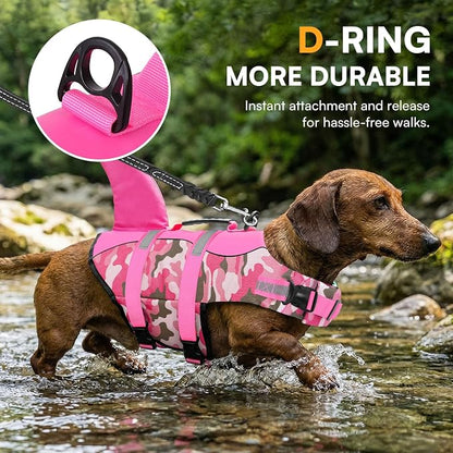 Dog Life Jacket Ripstop Dog Shark Safety Vest Adjustable Preserver with High Buoyancy and Durable Rescue Handle for Small,Medium,Large Dogs, Pink Camouflage Medium