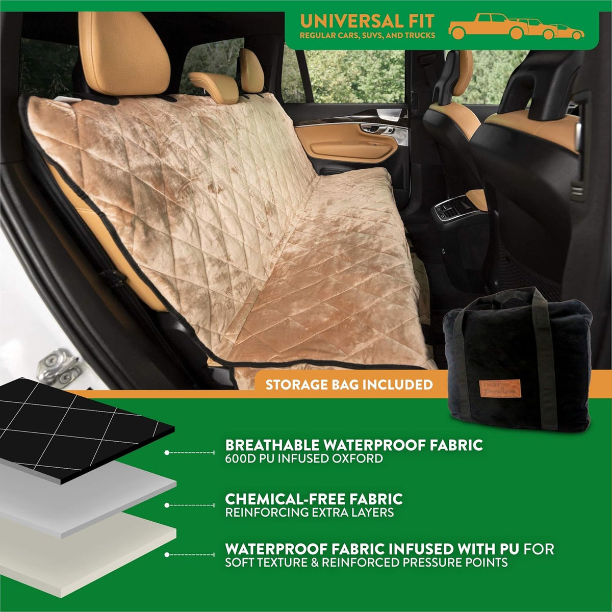 Plush Paws Products Velvet Rear Car Seat Protector w/o Hammock | Washable & Waterproof Back Seat Dog Cover for Car, Truck, & SUV | Nonslip, Tear Resistant Pet Seat Cover | Regular Desert Sand
