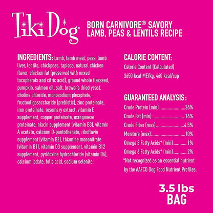 Tiki Dog Born Carnivore for Dogs, Savory Lamb, Peas & Lentils Recipe, Grain Free Baked Kibble for Maximum Nutrition, For Adult Dogs and All Size Breed Dogs, 3.5 lbs. Bag