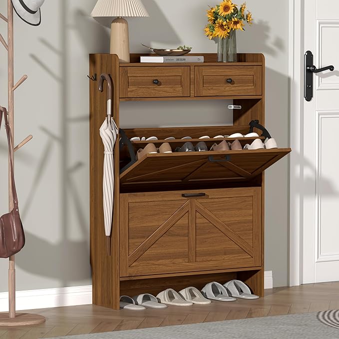 Shoe Cabinet with 2 Flip Drawers & 2 Storage Drawers, Rustic Farmhouse Narrow