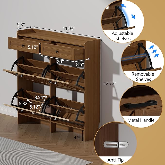 Shoe Cabinet with 4 Flip Drawers & 2 Storage Drawers, Rustic Farmhouse Narrow