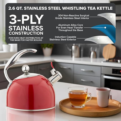 Viking 3-Ply Stainless Steel Tea Kettle, 2.6 Quart Stovetop Hot Water Pot