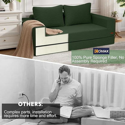 COMAX Convertible Sofa Bed Queen, Corduroy Folding Floor Couch Pull Out Couch Bed Futon Sleeper with Pillows, Fold Out Boneless Sofa Comfy Lounge Mattress Loveseat for Living Room Bedroom, Green