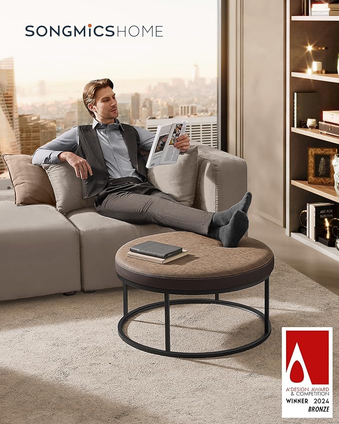 SONGMICS HOME LUIZ Collection - Ottoman, Round Coffee Table, Footstool, Reversible Top, Padded Seat, Side Table, Minimalist, Steel Frame, Max. Load 660 lb, for Living Room, Walnut Brown ULOM078K01
