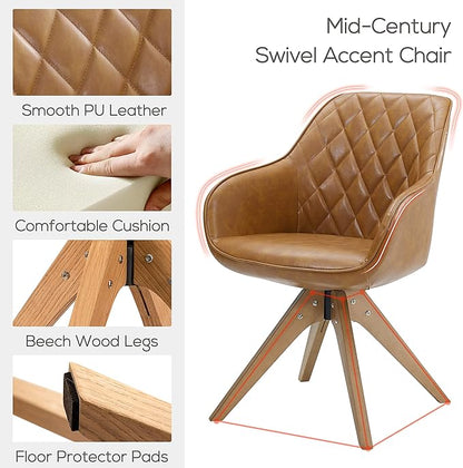 Art Leon Dining Chair - Mid Century Modern Swivel Dining Room Chair, Faux Leather Upholstered Arm Chair with Wood Legs for Living Room, Claybank