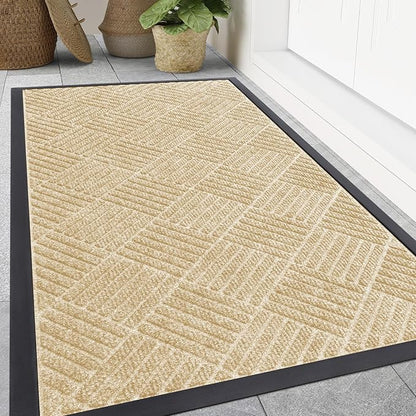 Smiry Front Door Mat Outside Entrance, Heavy Duty Outdoor Indoor Natural Rubber Doormat, Non Slip, Trap Dirt and Moisture, Easy Clean, Low Profile Patio Porch Entryway Mat, 59x35, Beige