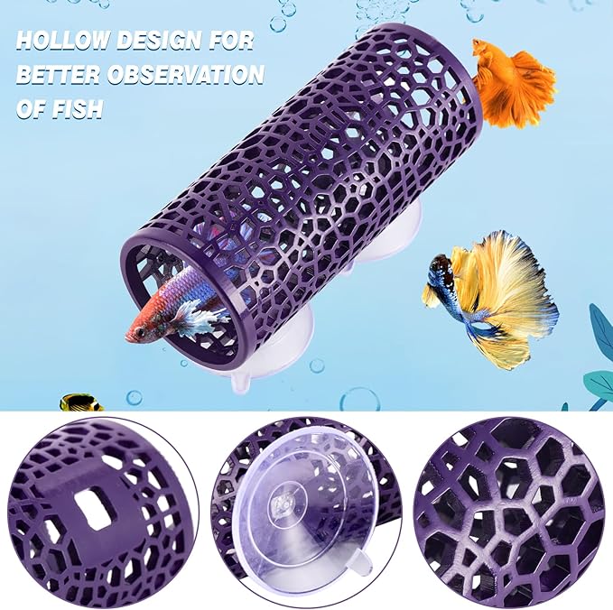 Abizoo Betta Cave - Purple Fish Tunnel with Holes for Small Fish & Shrimp Habitat, Betta Toys Shelter Hideaway, Moss Aquarium Ornament